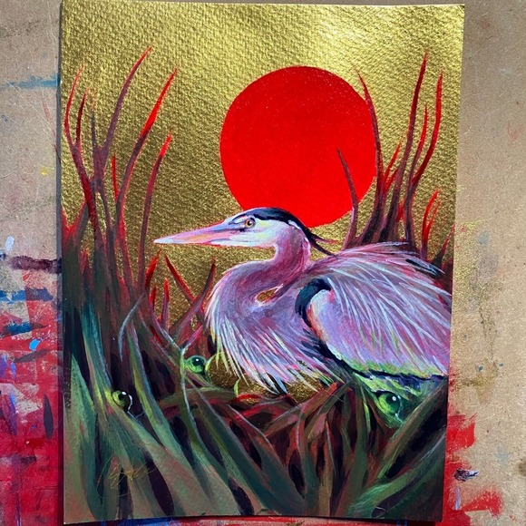Artettina Other - ORIGINAL blue Heron Painting Gold accents Mixed Media 2026 artettina Signed USA